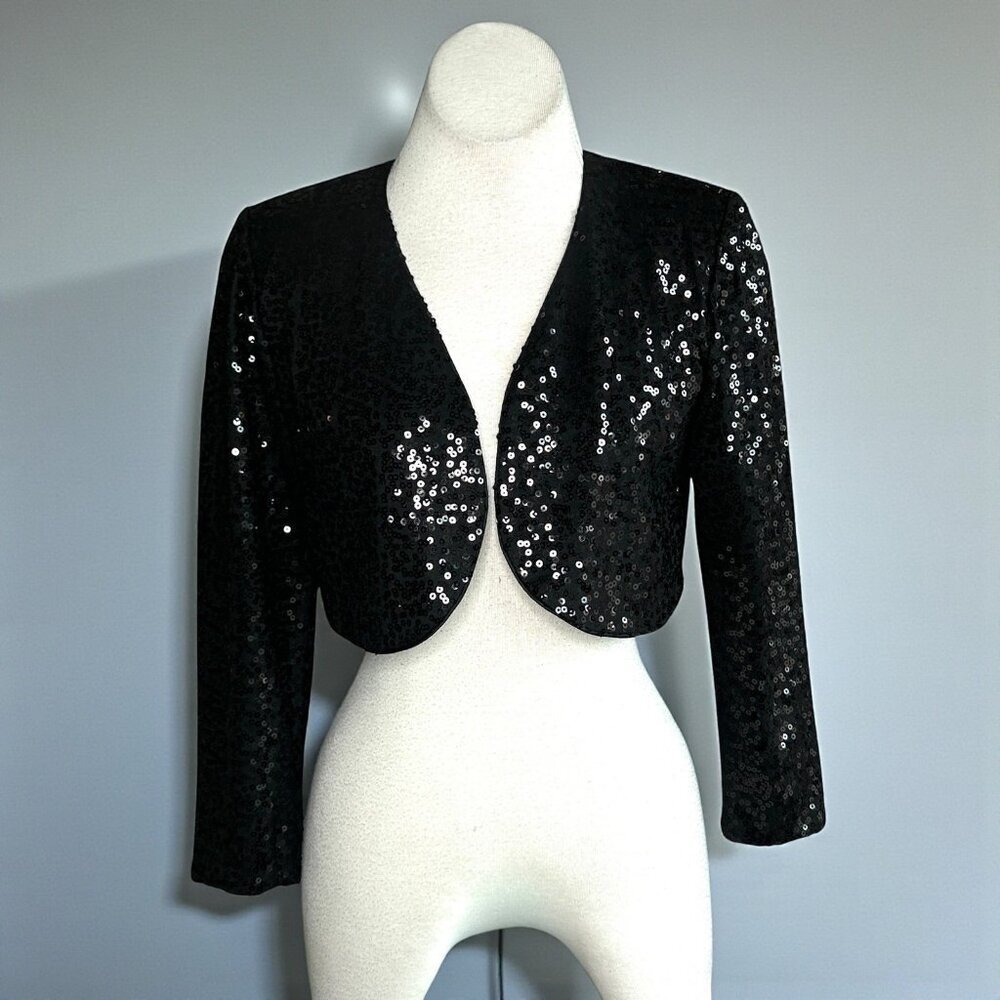 R & M Richards Bolero Jacket Black Sequin Formal Party Cropped Size Medium